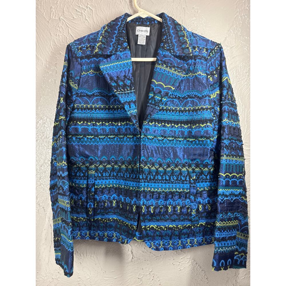 Chico's Womens Embellished Sequin Beaded Blue Jacket Blazer Size 1 M/8 NWOT‎